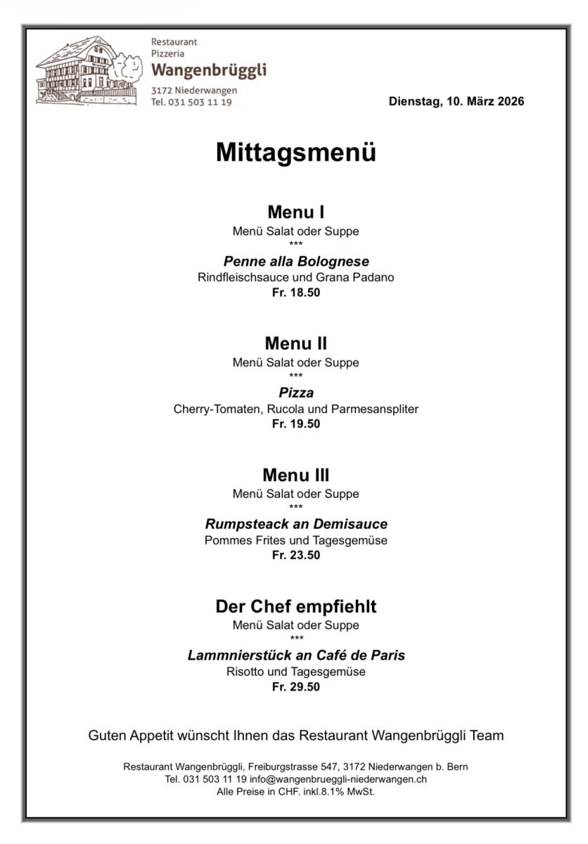 Mittagsmenü vom Restaurant Wangenbrüggli: Penne, Pizza, Rumpsteak oder Lamm, inkl. Salat oder Suppe (10. März 2026).