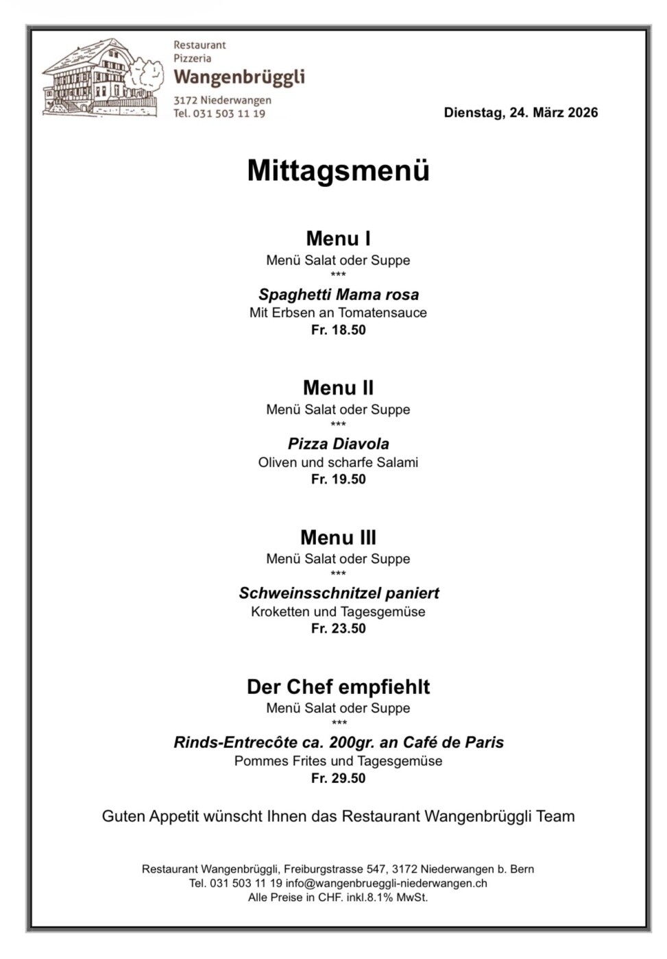 Mittagsmenü des Restaurants Wangenbrüggli: Spaghetti, Pizza, Schnitzel, Rinds-Entrecôte; Dienstag, 24. März 2026.