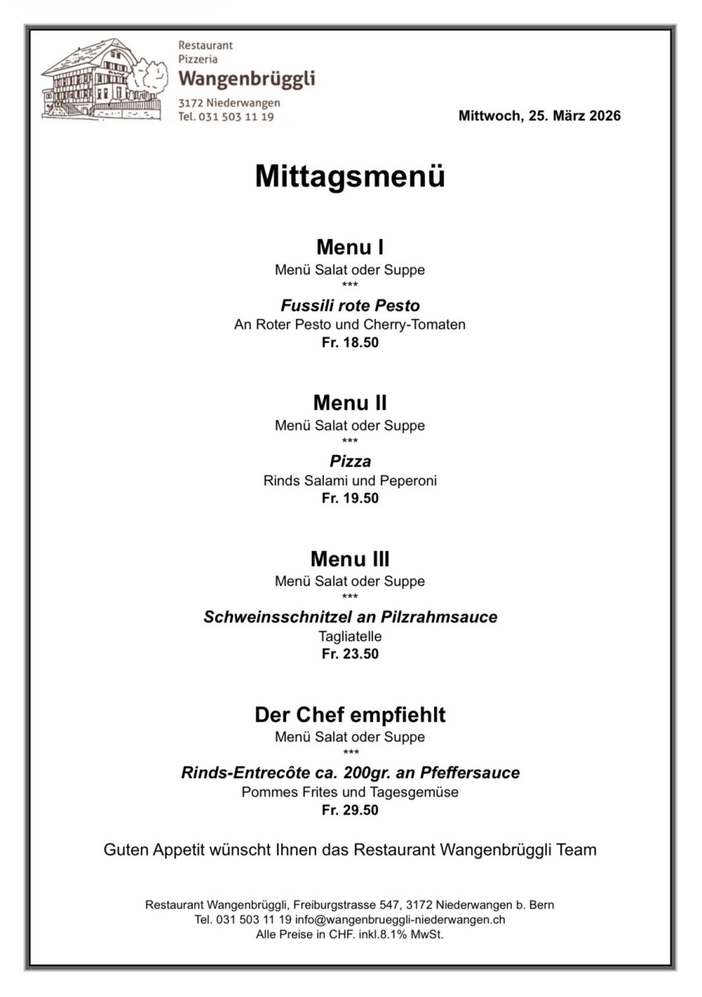 Mittagsmenü Restaurant Wangenbrüggli: Verschiedene Gerichte wie Fussili mit rotem Pesto und Schweinsschnitzel verfügbar.