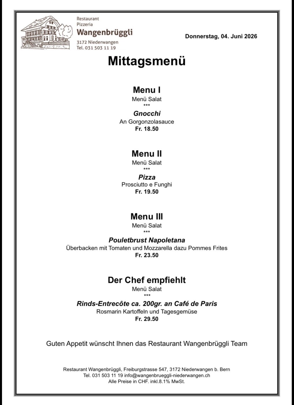 Screenshot Mittagsmenü im Restaurant Wangenbrüggli: Gnocchi, Pizza, Pouletbrust Napoletana, Rinds-Entrecôte. Preise in CHF.
