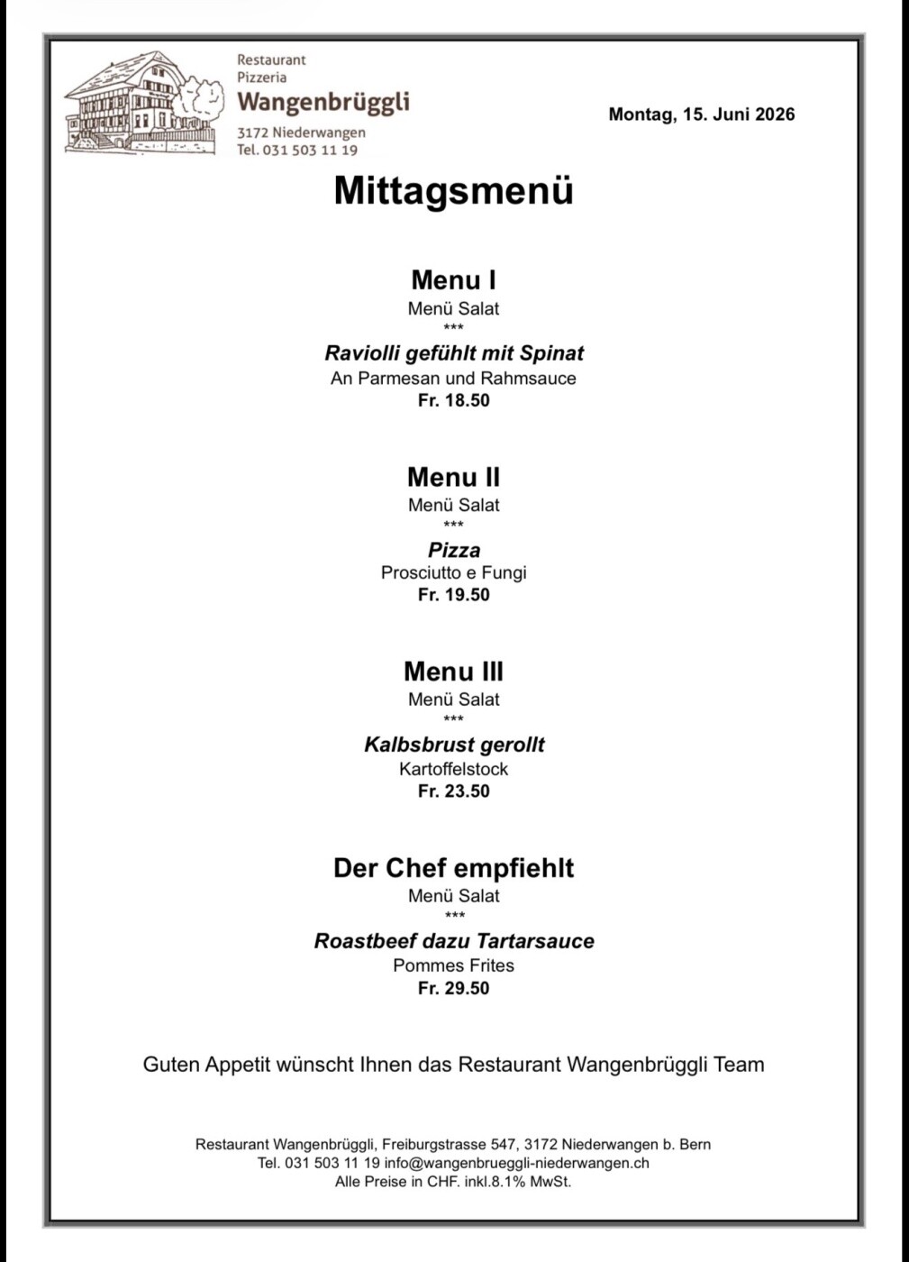 Screenshot Mittagsmenü Restaurant Wangenbrüggli: Ravioli, Pizza, Kalbsbrust, Roastbeef; 15. Juni 2026; ab Fr. 18.50.