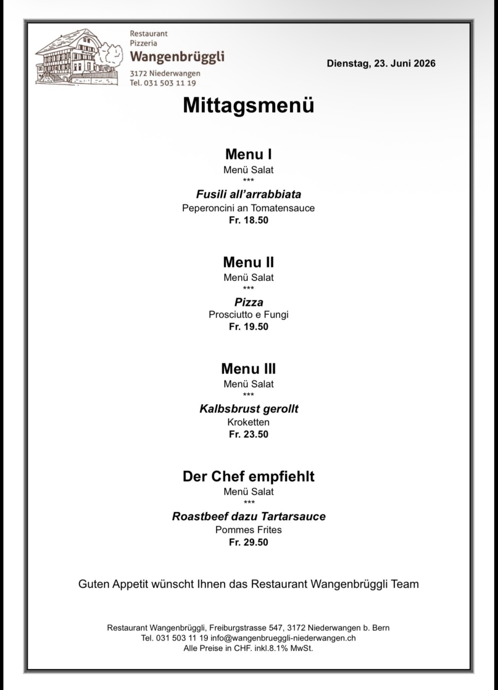 Screenshot Mittagsmenü im Restaurant Wangenbrüggli: Fusili all'arrabbiata, Pizza, Kalbsbrust, Roastbeef. Preise in CHF.