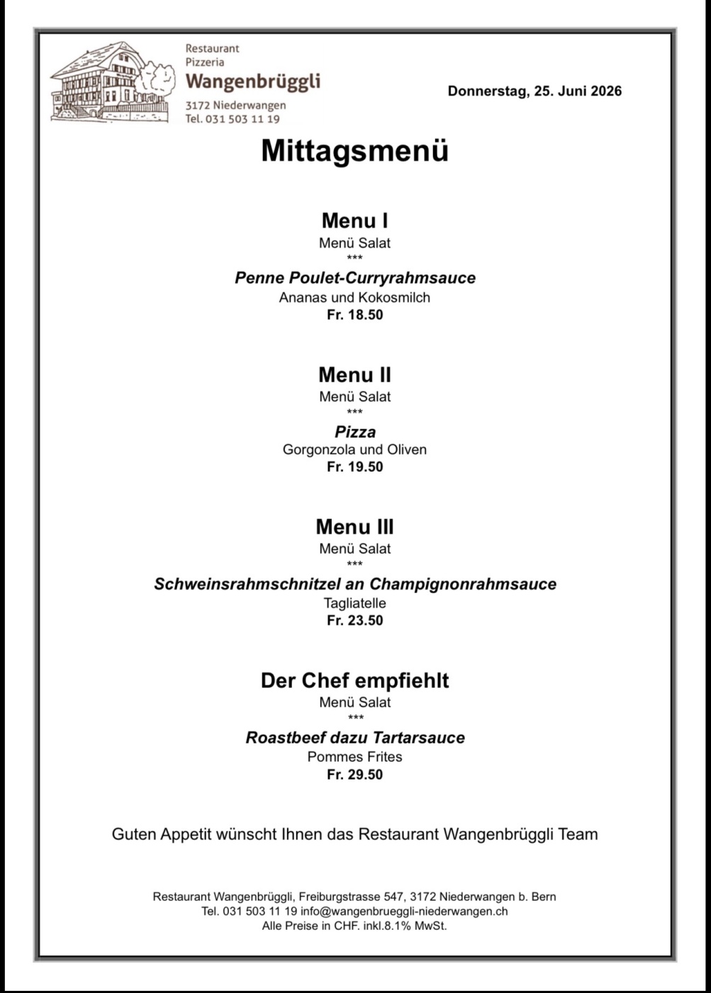 Screenshot Mittagsmenü im Restaurant Wangenbrüggli mit Penne, Pizza, Schweinsschnitzel und Roastbeef, angeboten am 25. Juni 2026.