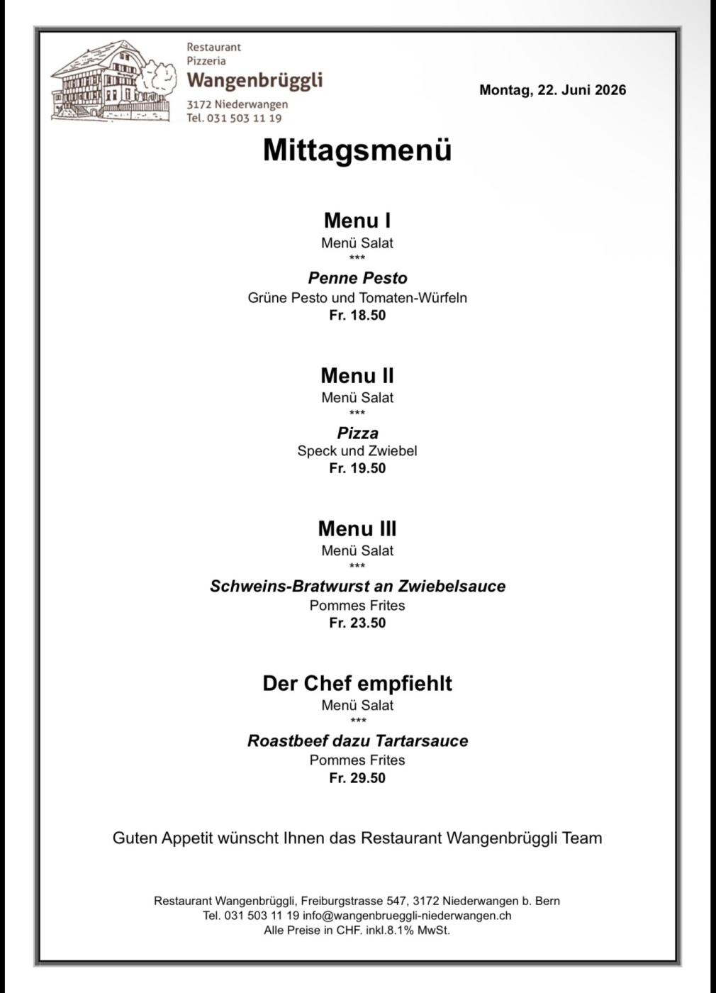 Screenshot Mittagsmenü im Restaurant Wangenbrüggli mit Penne Pesto, Pizza und Schweins-Bratwurst. Montag, 22. Juni 2026.