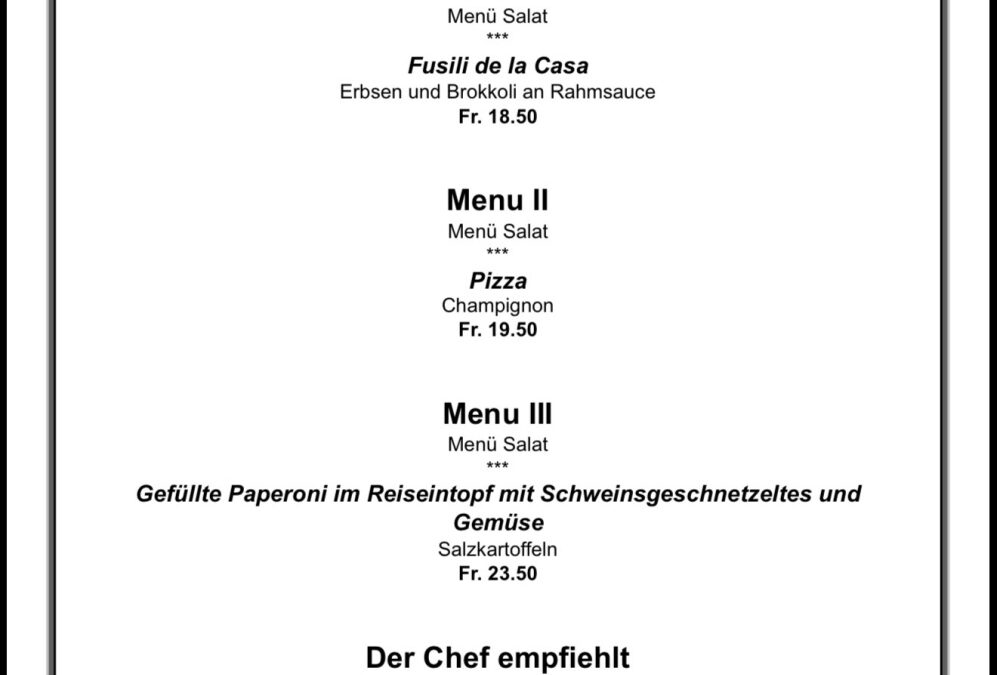 Tagesmenü Restaurant Wangenbrüggli: Fusili, Pizza, gefüllte Paprika, Roastbeef. Datum: 15. Juli 2026.