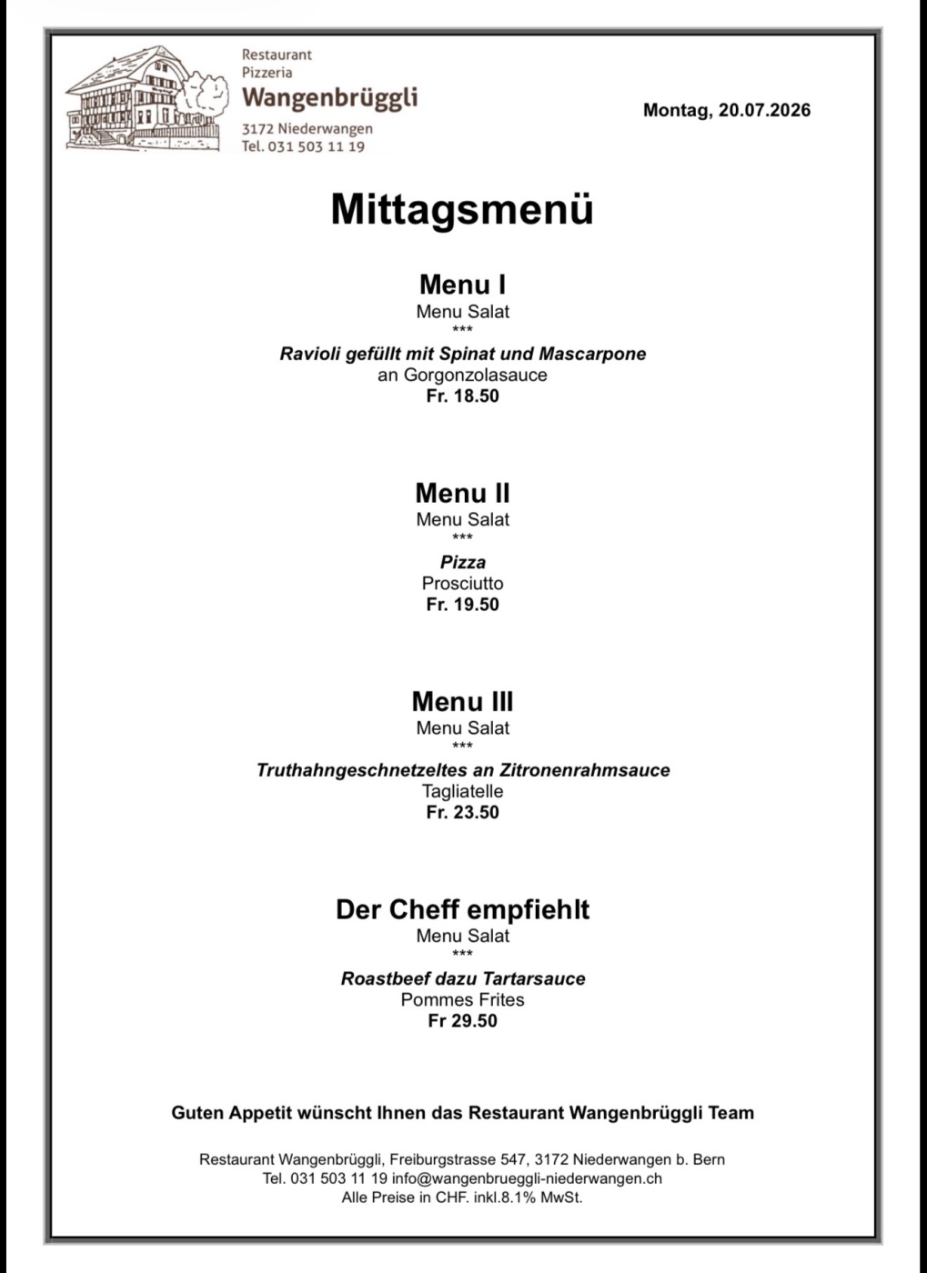 Screenshot Mittagsmenü im Restaurant Wangenbrüggli: Drei Menüs; Gerichte wie Ravioli, Pizza, Truthahngeschnetzeltes zur Auswahl.