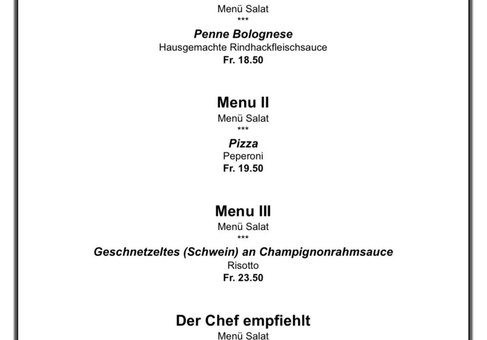 Mittagsmenü im Restaurant Wangenbrüggli: Penne Bolognese, Pizza Peperoni, Geschnetzeltes oder Roastbeef, 13. Juli 2026.