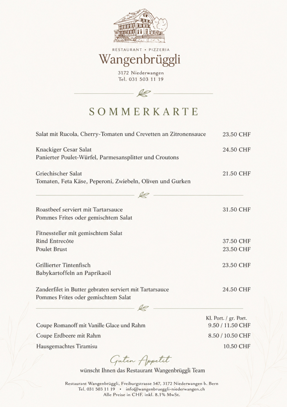 Sommerkarte des Restaurants Wangenbrüggli in Niederwangen mit Salaten, Fleischgerichten und Desserts, Preise in CHF.