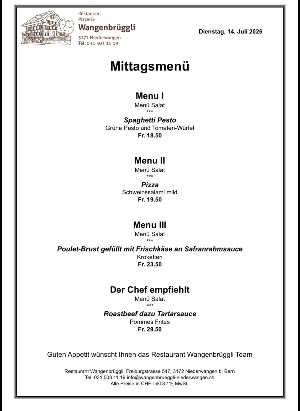 Screenshot Mittagsmenü vom 14. Juli 2026 im Restaurant Wangenbrüggli mit Spaghetti Pesto und mehr.