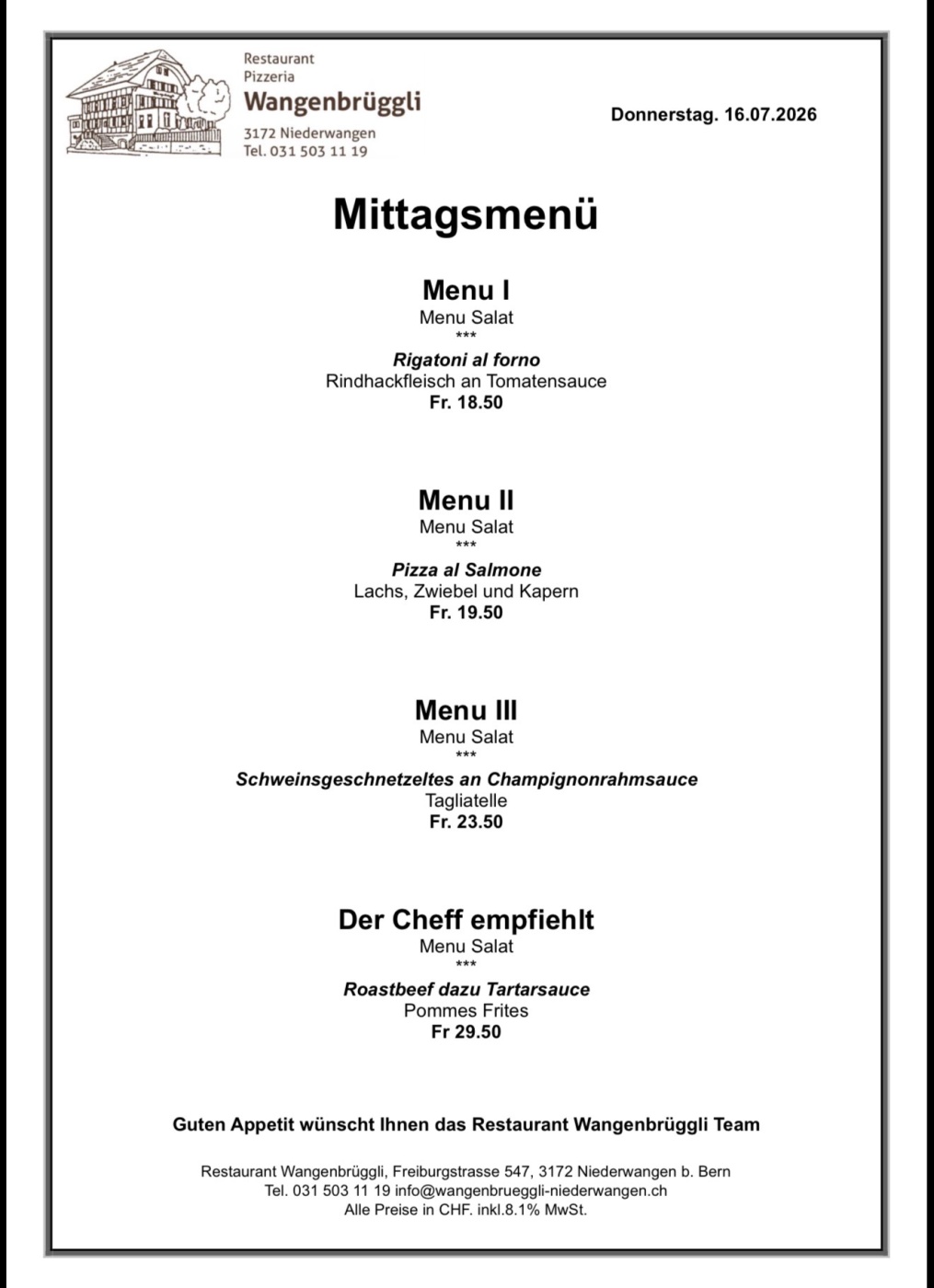 Screenshot Mittagsmenü vom Restaurant Wangenbrüggli mit Rigatoni, Pizza und Schweinsgeschnetzeltem, Datum 16.07.2026.