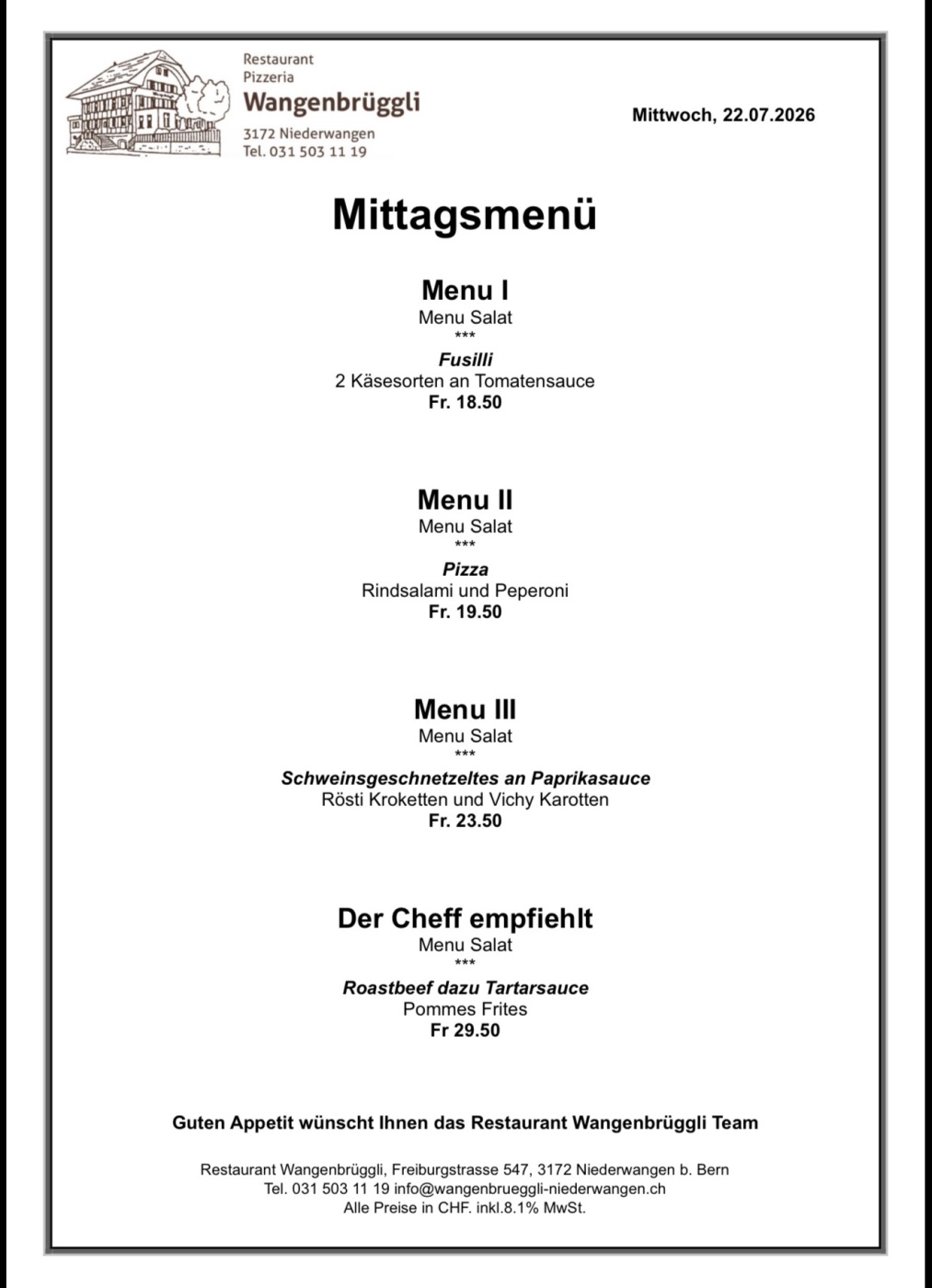 Screenshot Mittagsmenü im Restaurant Wangenbrüggli mit Fusilli, Pizza, Schweinsgeschnetzeltes und Roastbeef, Preise in CHF.