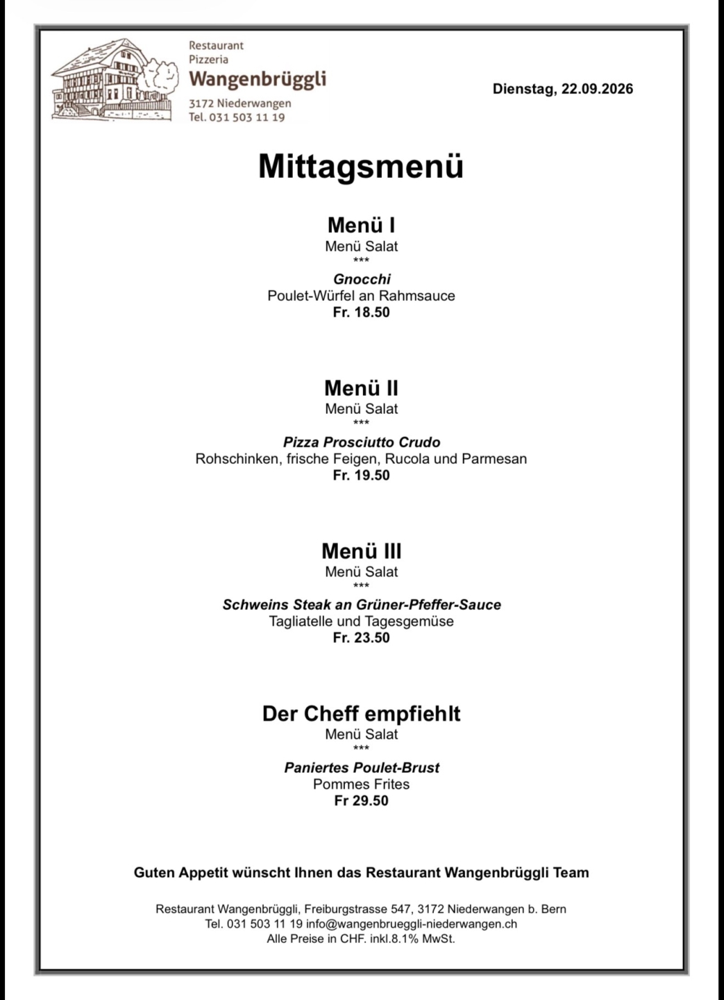 eqqwzhlbv93drajn5rqk Mittagsmenü im Restaurant Wangenbrüggli: Gnocchi, Pizza, Schweinssteak und Poulet-Brust, Preise und Details aufgelistet.