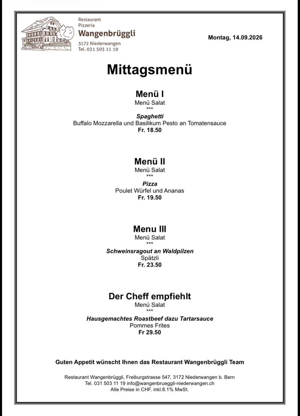 me50lrx3kmiiw1b2rlza Mittagsmenü im Restaurant Wangenbrüggli: Spaghetti, Pizza, Schweinsragout oder Roastbeef. Preise und Kontaktinfos.