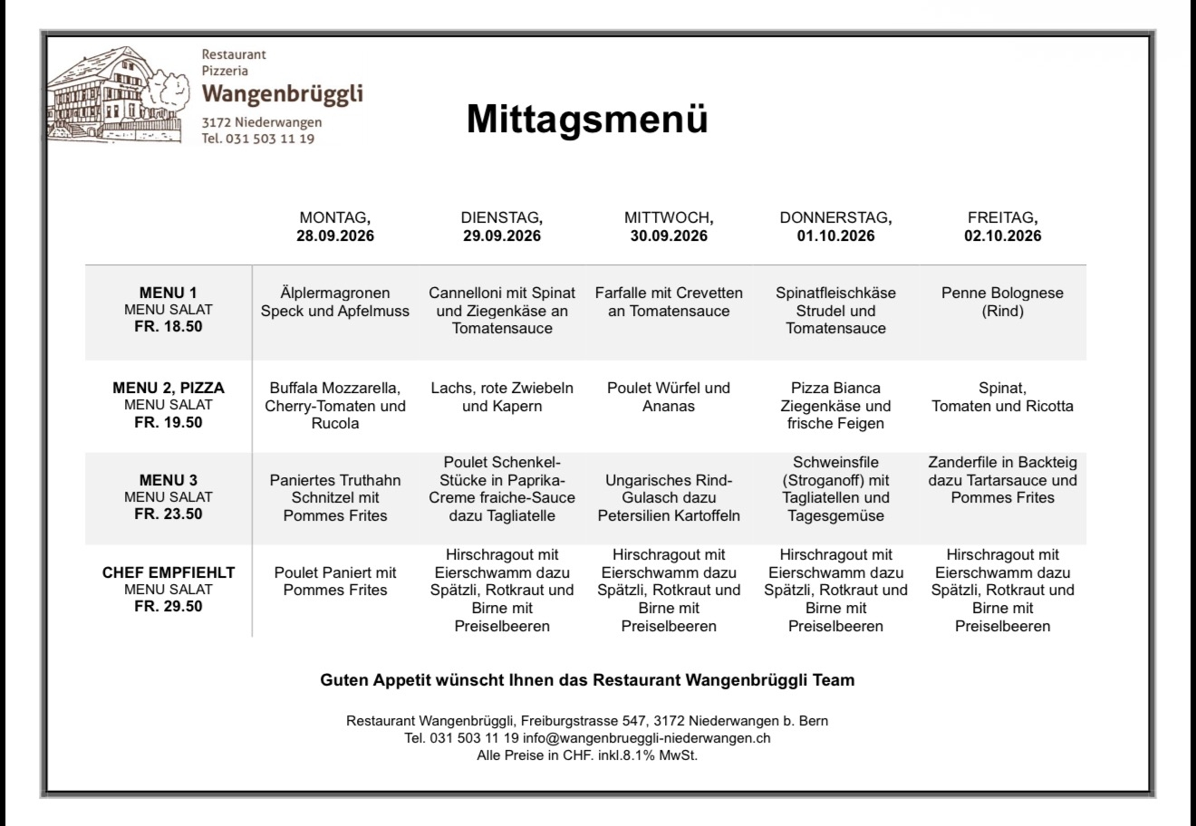 ooumjljdnpzrlwsmpyab Mittagsmenü des Restaurant Wangenbrüggli, 28.09.-02.10.2026: Vielfalt an Speisen wie Älplermagronen, Penne Bolognese und mehr.