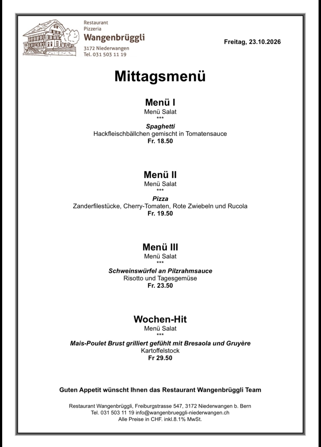 jwgttpespa7on3qpnxy2 Mittagsmenü im Restaurant Wangenbrüggli: Verschiedene Menüs mit Salat und Hauptgerichten wie Spaghetti und Pizza.