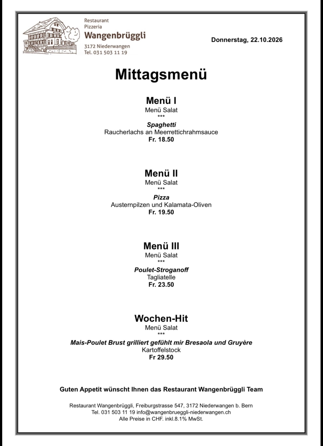 lwxhne99fyivm2l6r6cb Mittagsmenü im Restaurant Wangenbrüggli mit Optionen wie Spaghetti, Pizza und Poulet-Stroganoff. Preise ab Fr. 18.50.